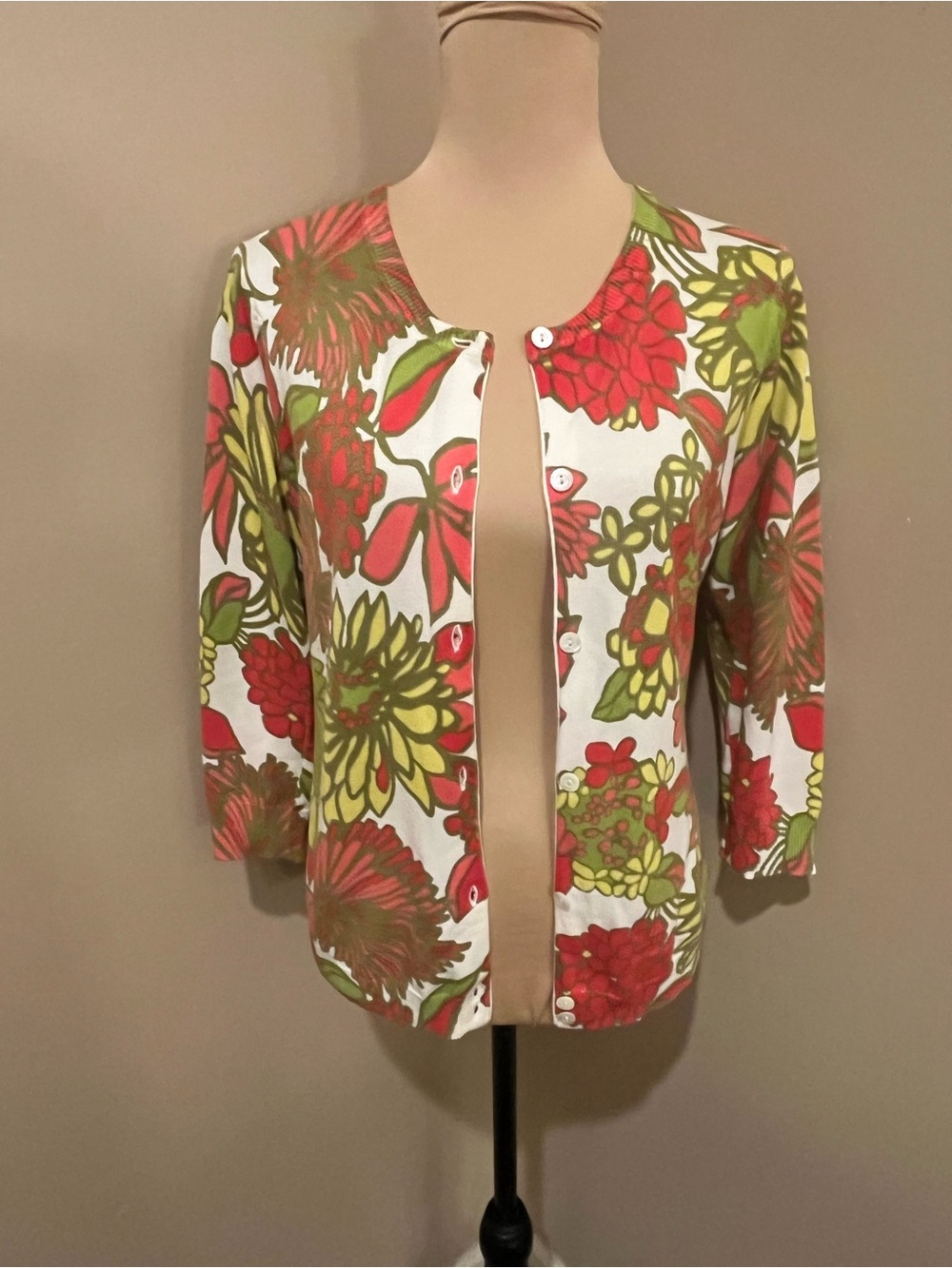 Trina Turk White Cardigan with Red & Green Modern Floral Print, Small